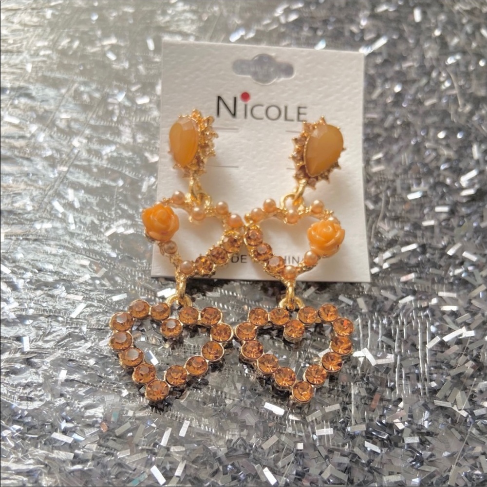 Fashion Jewelry Orange Rhinestone Pearl Dangle Drop Heart Shaped Dainty Earrings